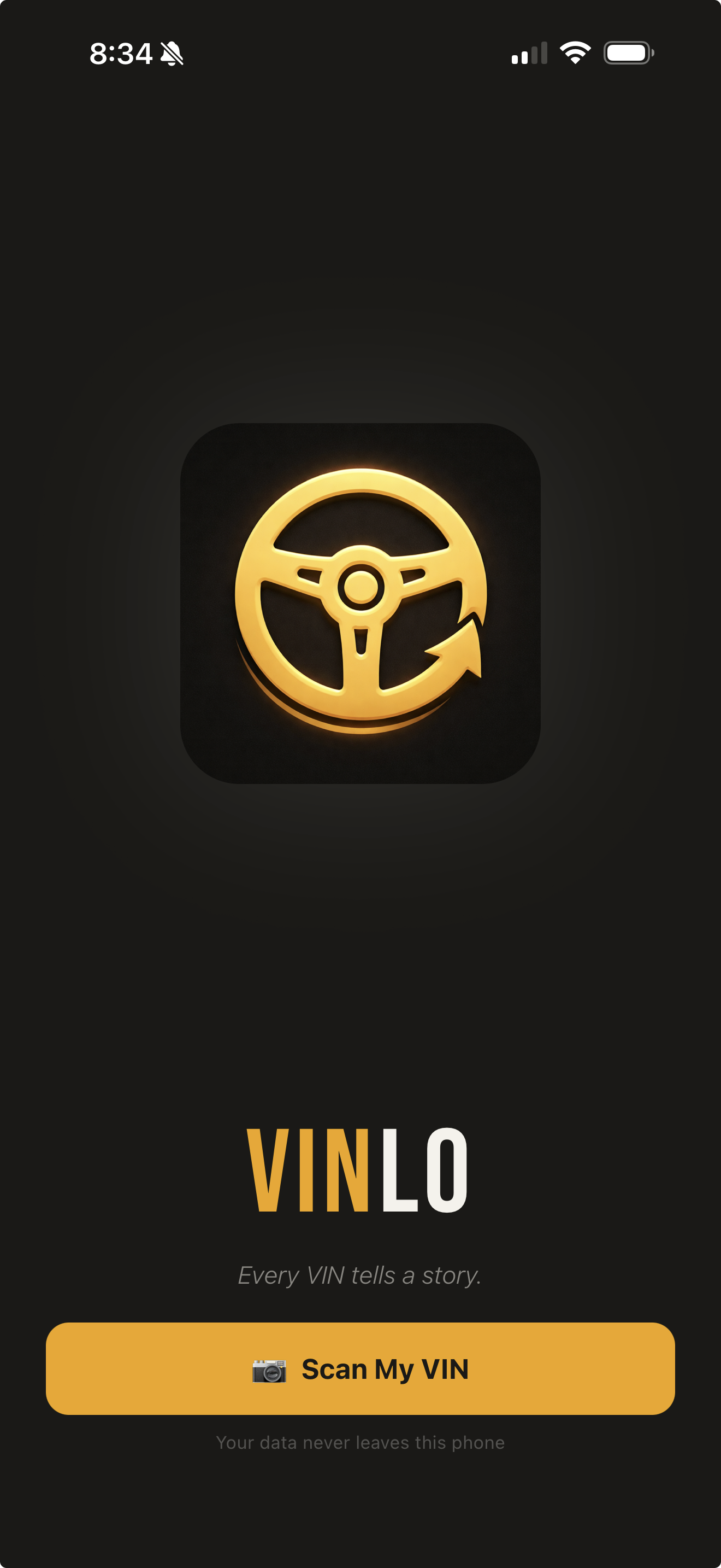 Vinlo splash and scan VIN screen