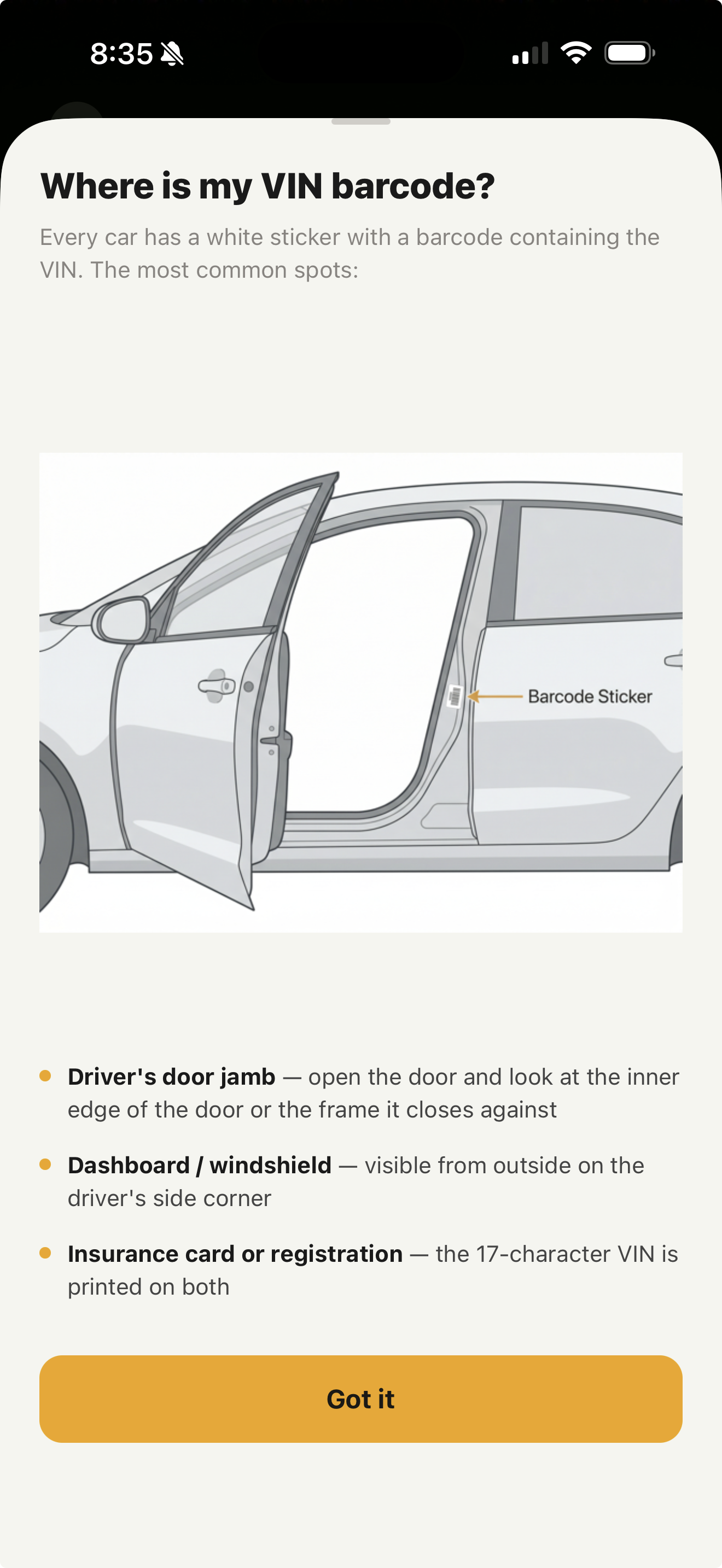 VIN barcode help screen
