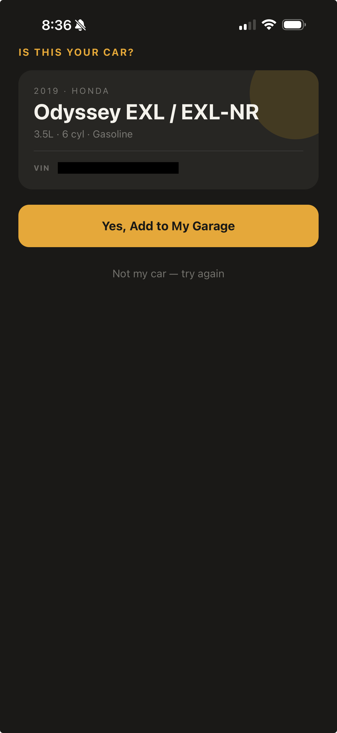 Vehicle confirmation screen