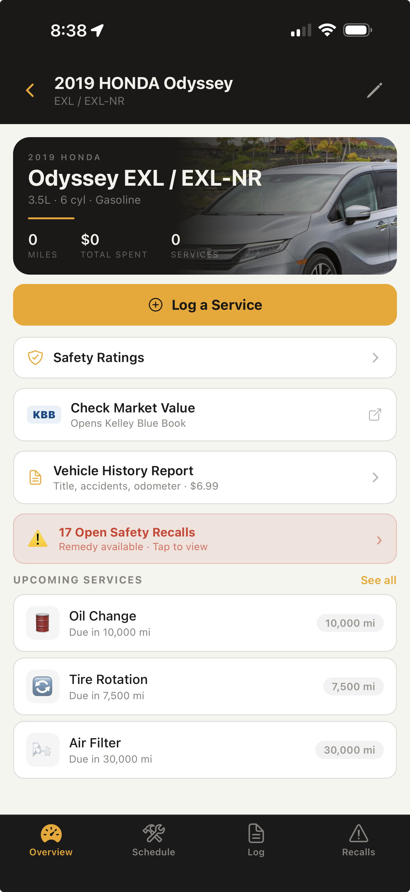 Vehicle overview dashboard screen