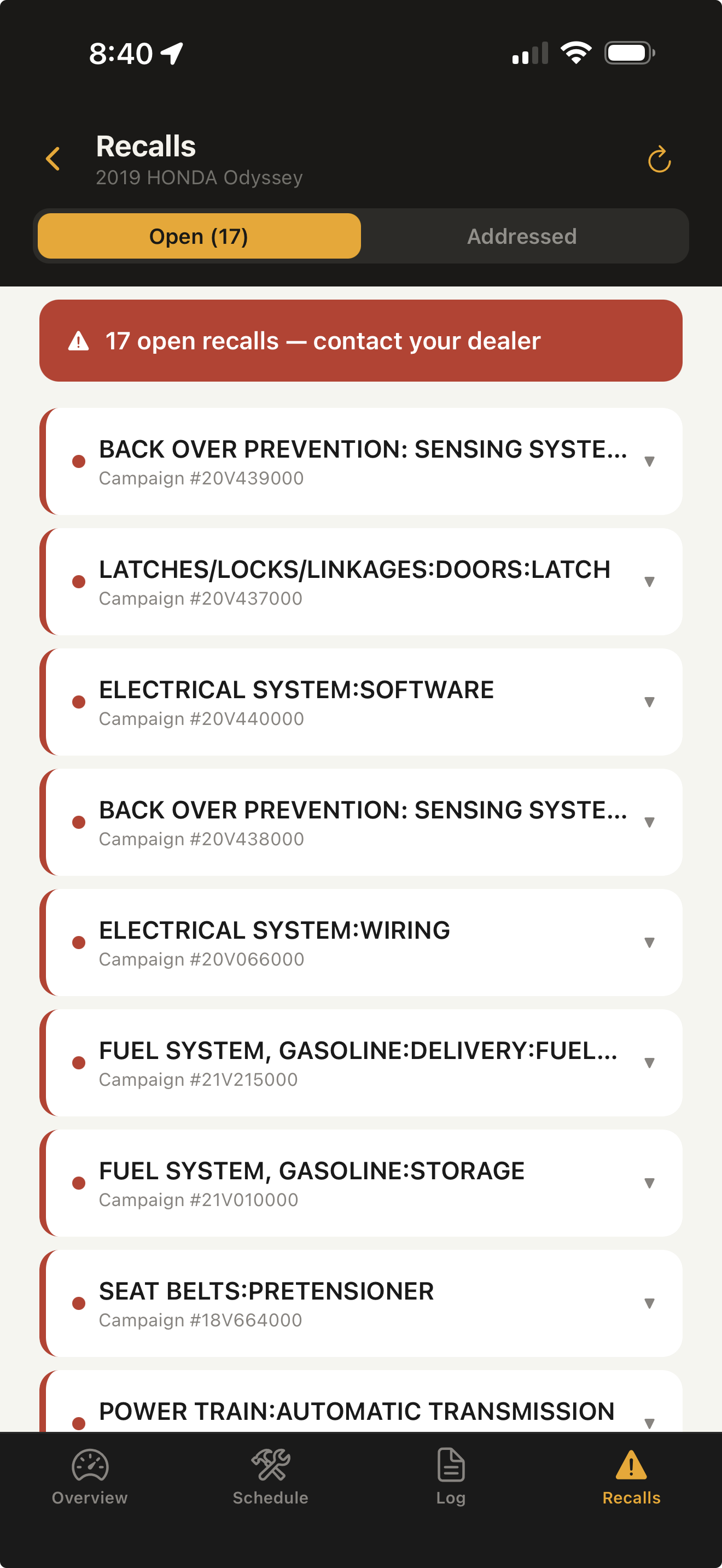 Recall list and open campaigns screen